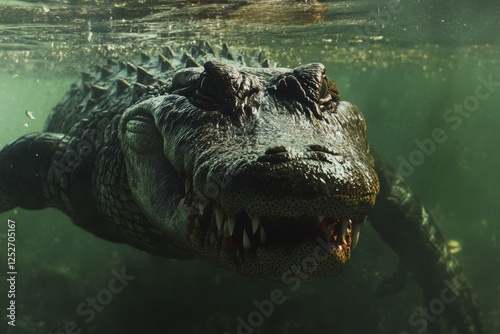 Crocodile with powerful jaws swimming in murky water