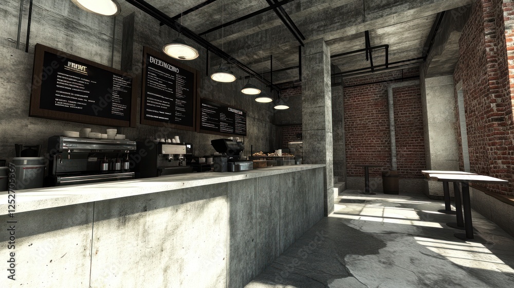 Fototapeta premium Industrial Chic Coffee Shop Interior Design: A Modern Loft Cafe