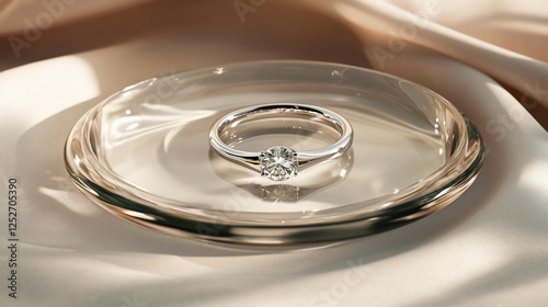 Elegant diamond ring on glass dish, peach silk backdrop photo