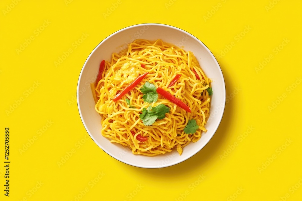 Noodles with red peppers and cilantro presented on yellow background Noodles with red peppers and cilantro presented on yellow background