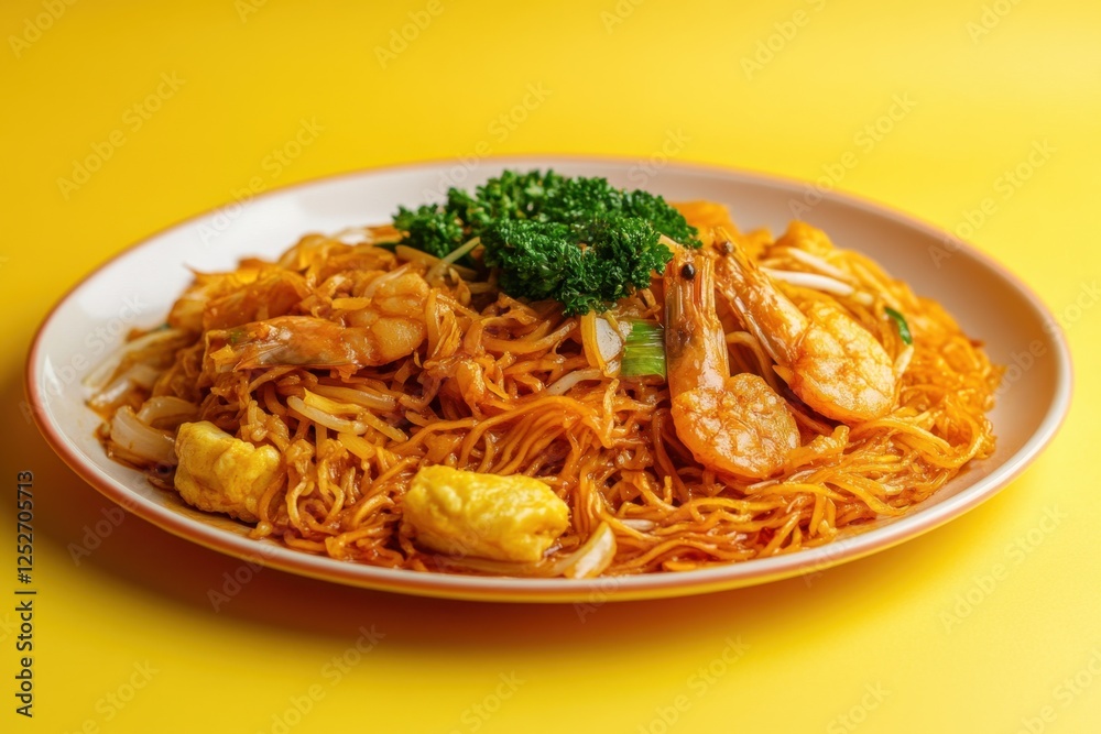 Plate of delicious looking shrimp pad thai on yellow background Plate of delicious looking shrimp pad thai on yellow background