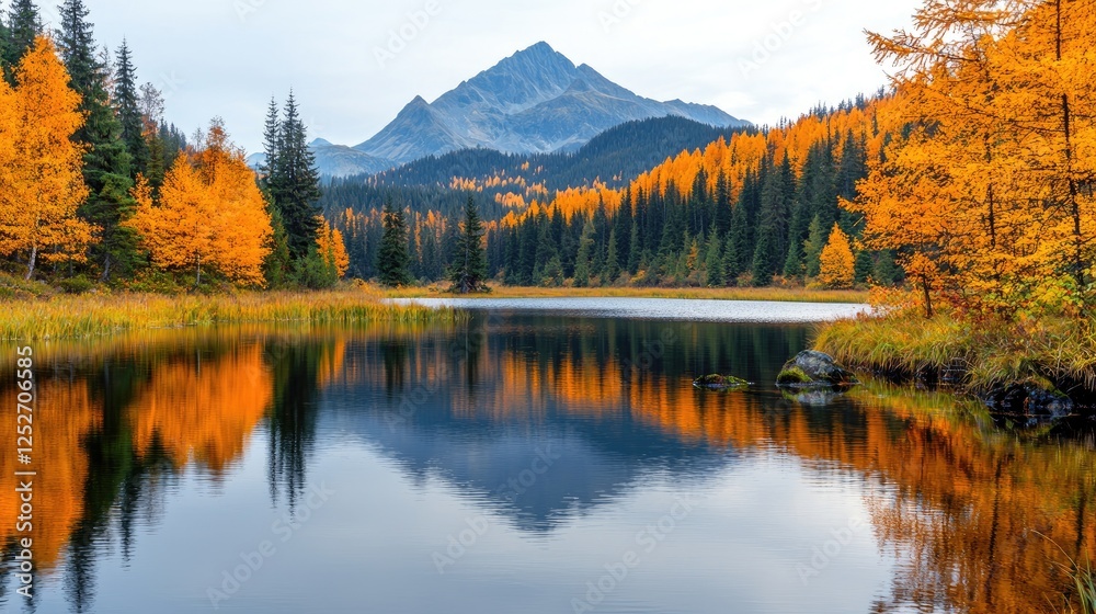 Obraz premium Autumn lake reflecting mountain, golden trees