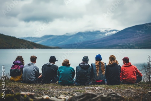 Group of friends enjoying a peaceful moment by the lake surrounded by mountai...
