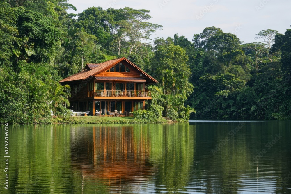 Cozy log cabin by the serene lake surrounded by lush evergreens during a calm afternoon Cozy log cabin by the serene lake surrounded by lush evergreens during a calm afternoon