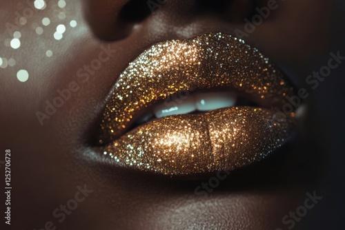 Shimmering lips adorned with glitter in warm light during an artistic photoshoot