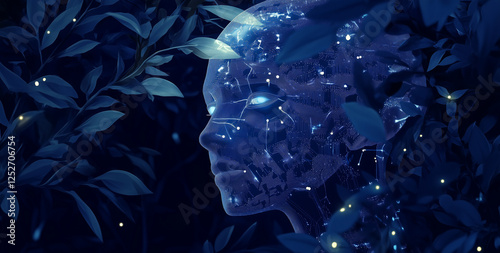 Artificial Intelligence Concept, Human Head with Digital Cyborg's Face and Futuristic Tech Background.