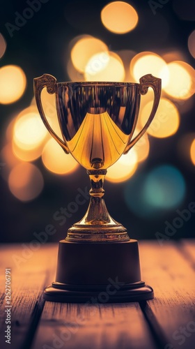 Elegant golden trophy displayed on a wooden table in a brightly lit room