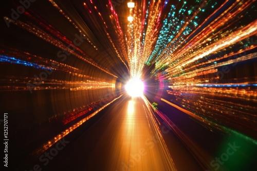 Light streaks and cosmic energy in a vibrant glowing tunnel at night