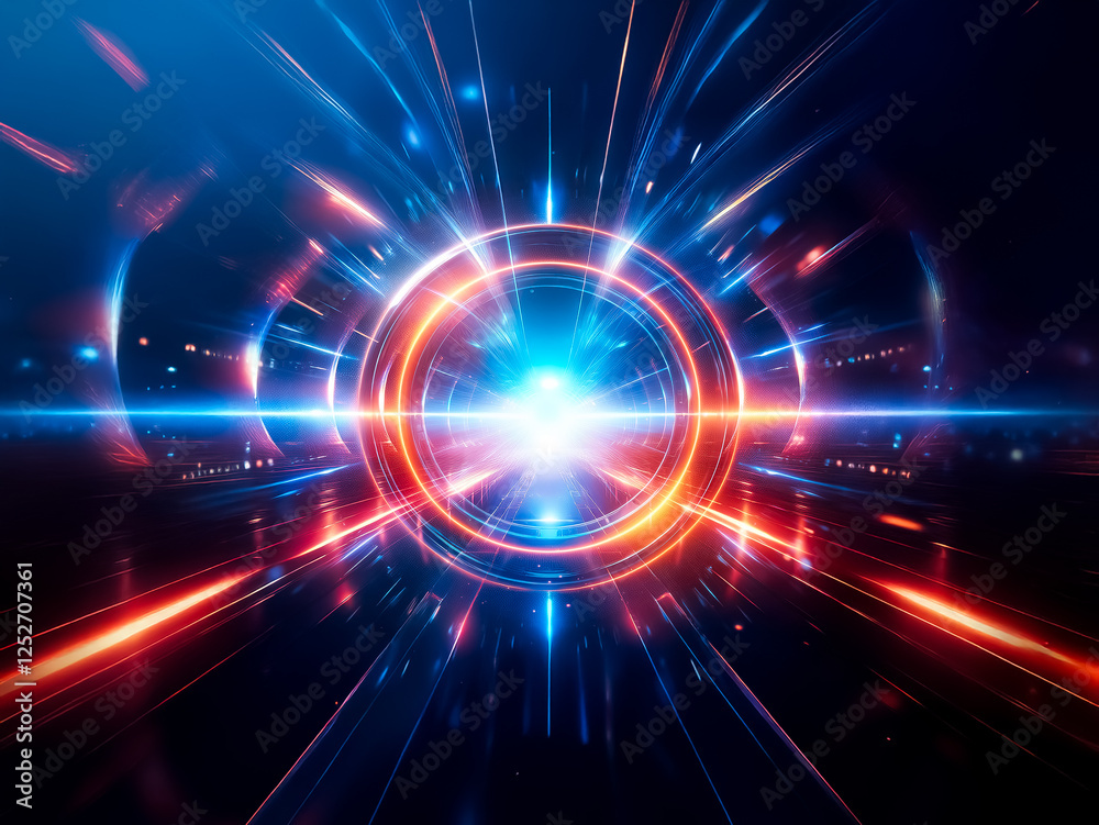 Obraz premium Vibrant abstract image of a light tunnel. Glowing blue and orange lines converge at a bright center, creating a sense of energy and speed.