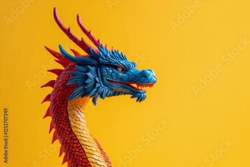 Colorful dragon sculpture with vibrant details against a bright yellow backgr...