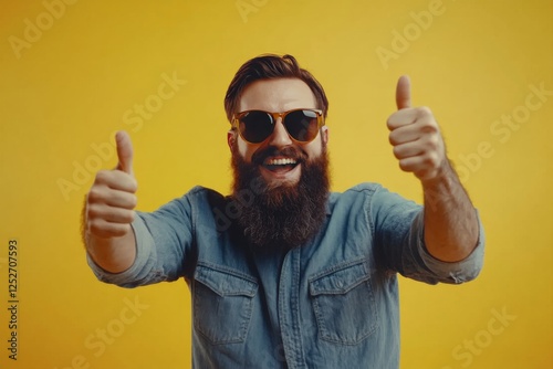 Man with a big beard in sunglasses gives thumbs up outdoors during daytime