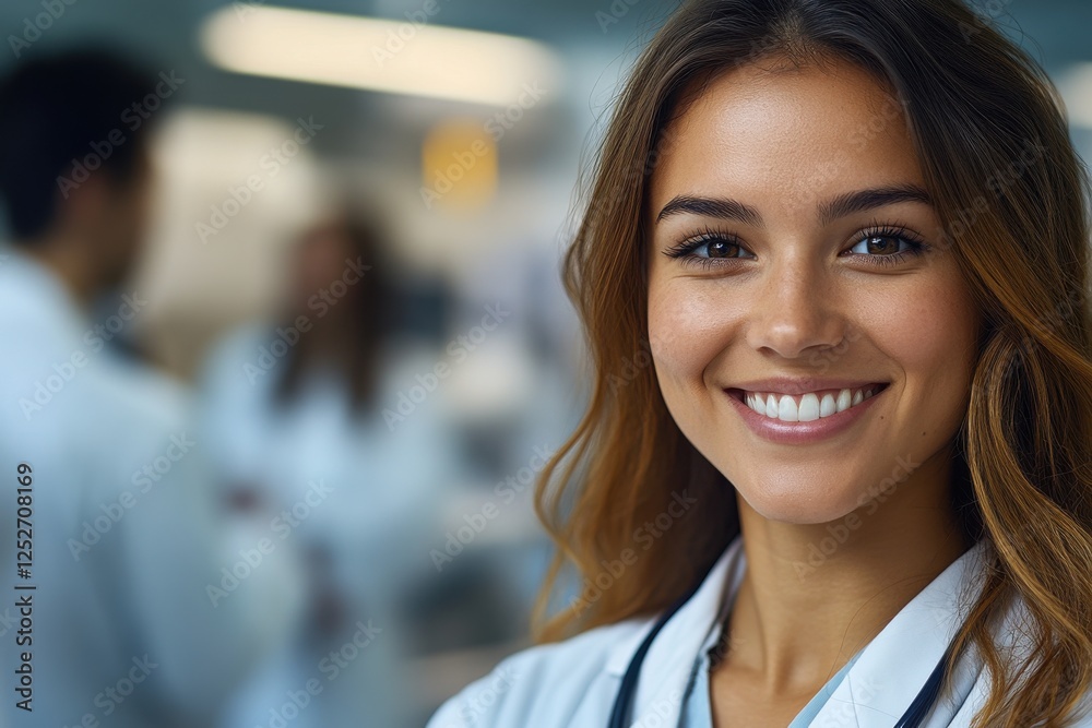 Fototapeta premium Smiling healthcare professional engages with colleagues in modern clinical environment