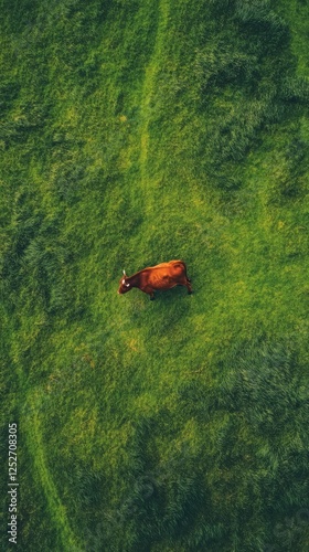 Brown cow grazing on lush green pasture during bright daylight