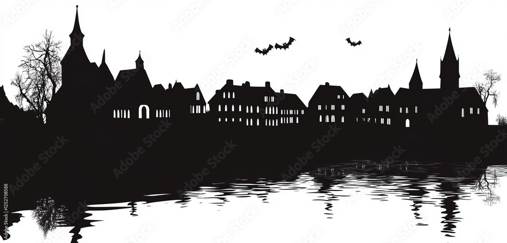 Fototapeta premium Nighttime riverside gothic town silhouette with bats
