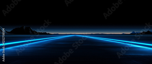 Blue technological background, a perspective road in the center of the picture with light effects and light lines on both sides. In the foreground is an empty blue field with geometric patterns at its