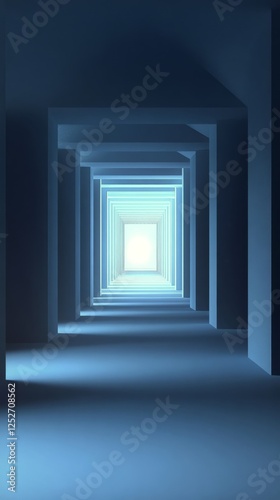 Brightly lit hallway with blue walls leading to an open door at the end