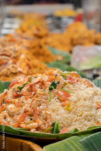 Fried rice with shrimp and vegetables. The rice is perfectly cooked and mixed with succulent shrimp and carrots, tomatoes and egg.