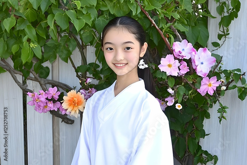 Girl in White Kimono near F...