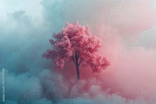 Majestic pink tree surrounded by colorful mist in an ethereal landscape