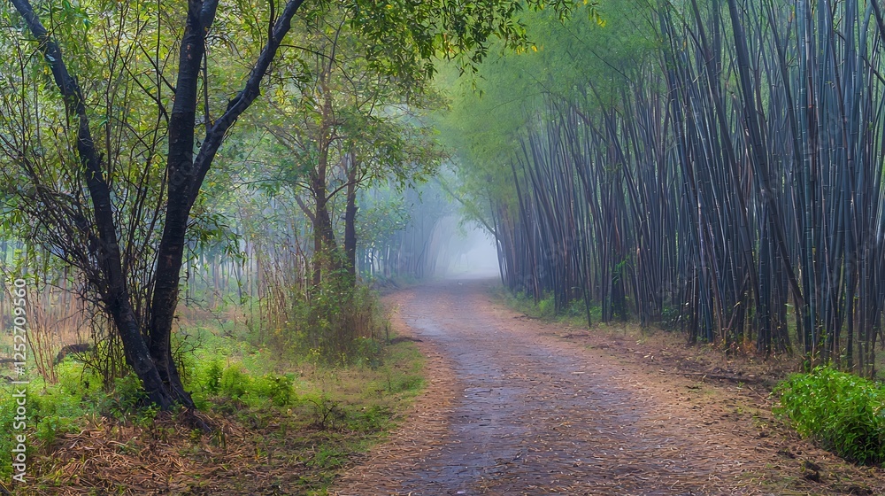 Fototapeta premium Misty path through a bamboo forest leading to an unknown destination at the end of the road