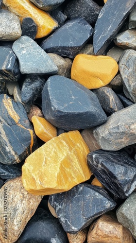 Beautiful array of unique black and yellow stones found along a rocky shoreline