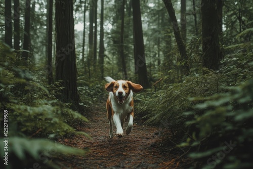Dog joyfully runs through a wooded area during a sunny day in autumn