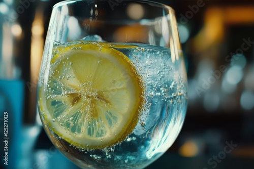 Refreshing glass of sparkling water with lemon slices in a bright setting