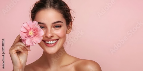 a beautiful woman holding a pink flower in front of her face - beauty portrait