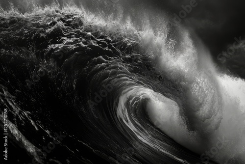 Surging wave curled over with dramatic texture in black and white photography