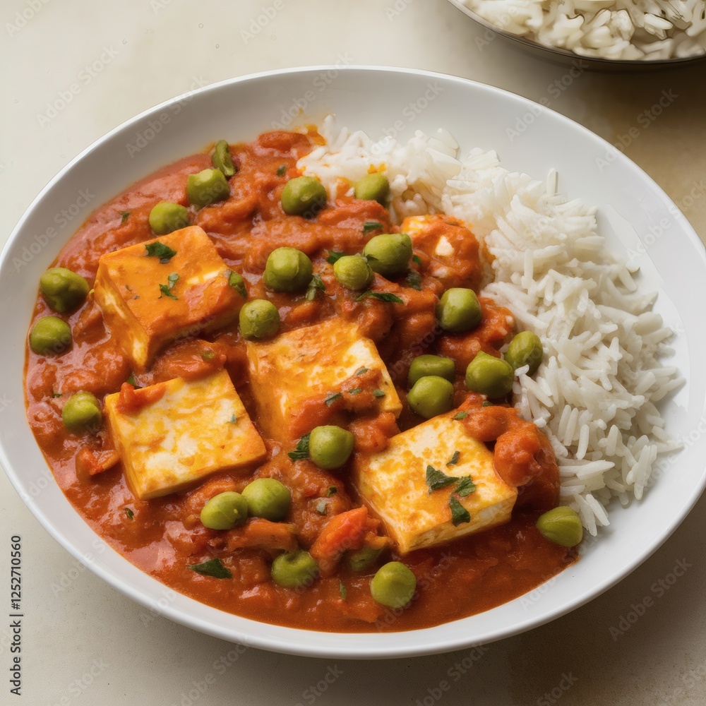 Delicious vegetarian dish with paneer and peas served with fluffy rice. Delicious vegetarian dish with paneer and peas served with fluffy rice.