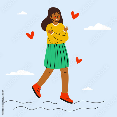 Young girl walking happily in a bright, cheerful environment with hearts floating around