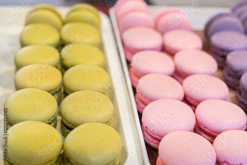 Close-up view of the colorful macarons.