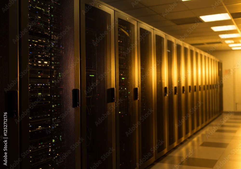 Perspective of Server Racks in a Data Center with Golden Lights Perspective of Server Racks in a Data Center with Golden Lights