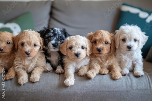 Cute puppies lounging together on a cozy sofa near a window in a warm living ...