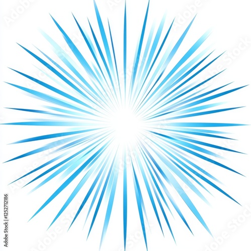 Blue burst light effect, radiating, white background, graphic design element