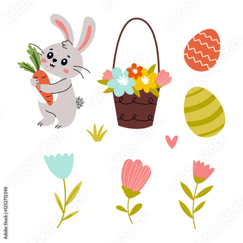 Cute rabbit with a carrot beside a basket of flowers and Easter eggs in a playful spring design