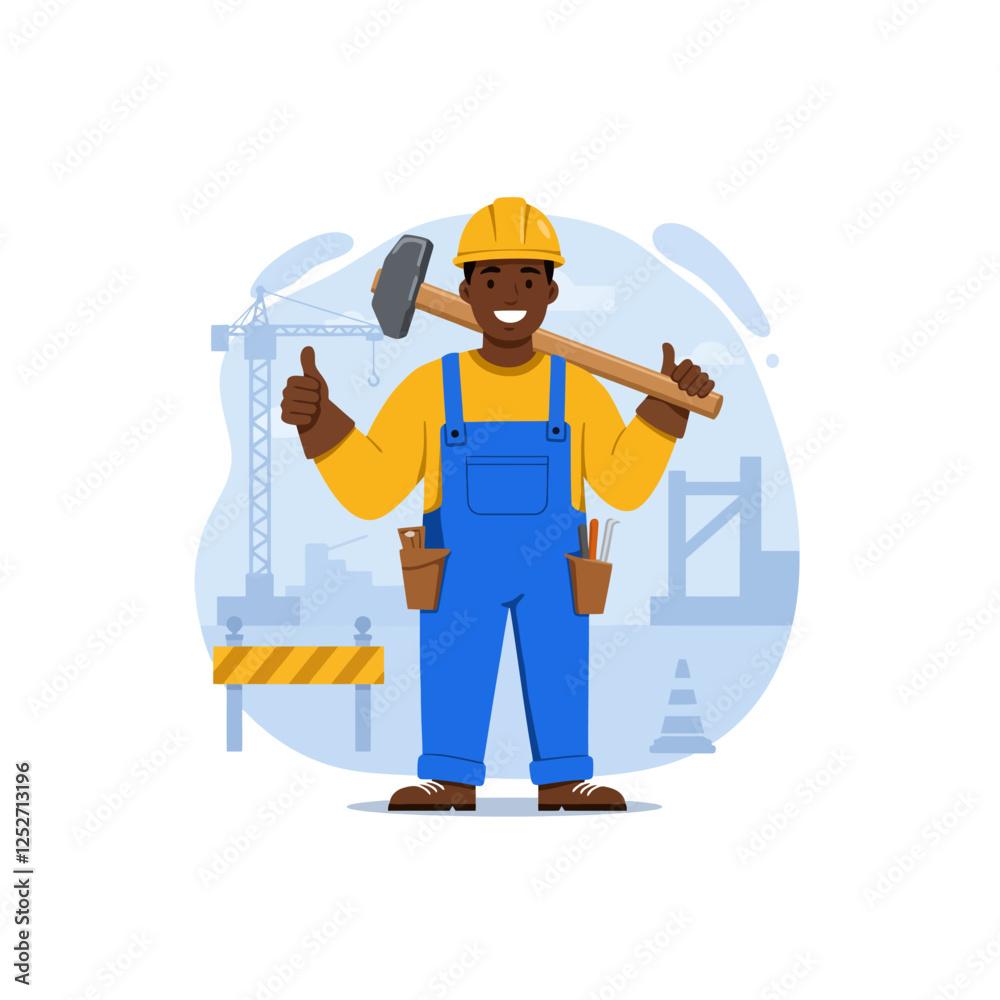 Happy Construction Worker with Sledgehammer Thumbs Up Happy Construction Worker with Sledgehammer Thumbs Up