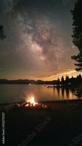 Campfire by the lake under the evening sky in the mountains