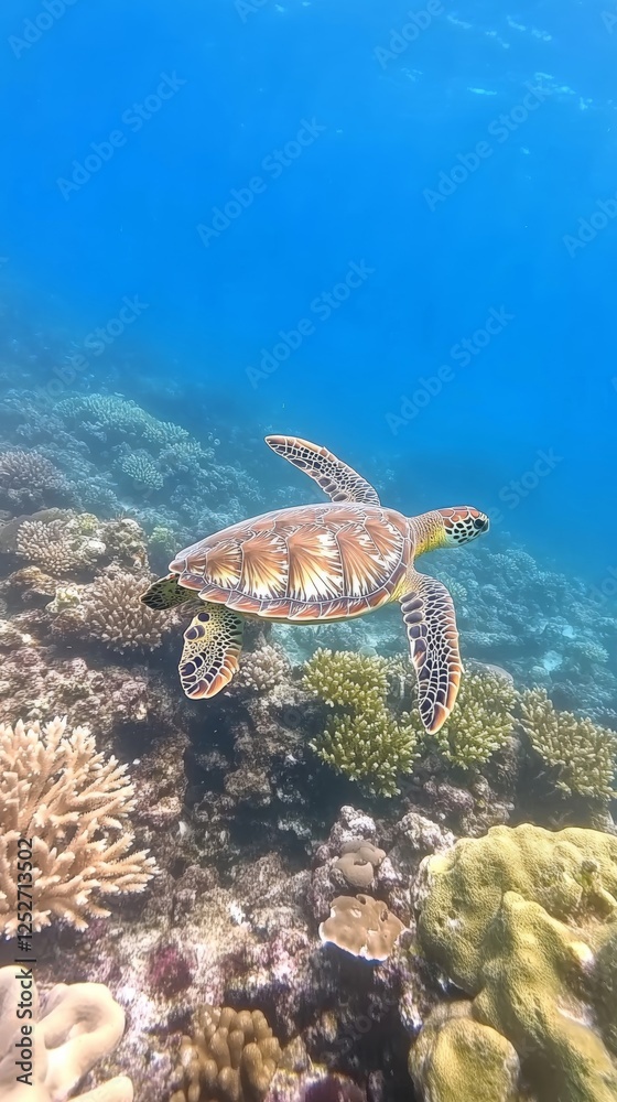 Naklejka premium Beautiful sea turtle swimming gracefully over colorful coral reef in a vibrant underwater habitat
