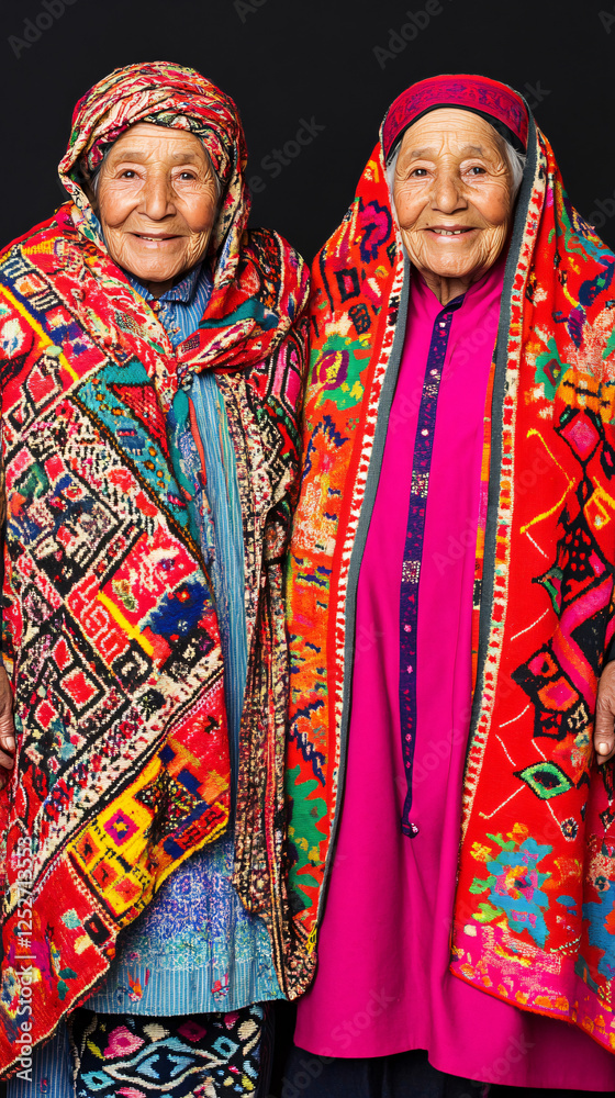 Fototapeta premium Moroccan elderly twin women traditional djellaba tar historical attire cultural heritage textiles patterns warm portrait artistic beauty duo love folk bond charm family rich travel unity model