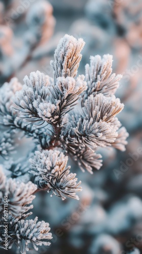 Frosted pine branches create a winter wonderland effect in a serene forest