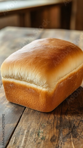 Freshly baked loaf of bread on wooden table in kitchen setting