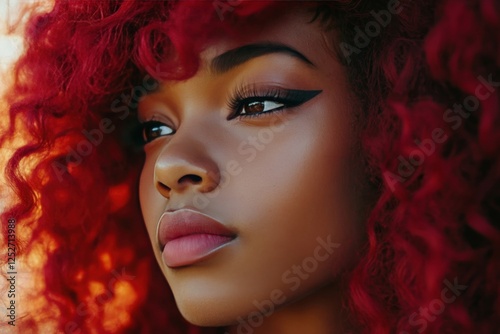 Portrait of a young woman with vibrant red curly hair and captivating green e...
