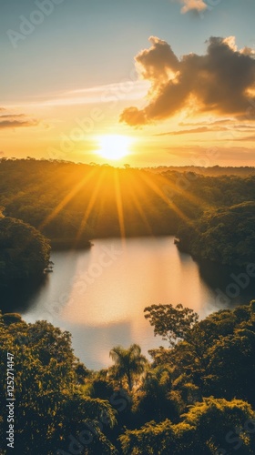 Sunset over tranquil lake with lush forest in the background