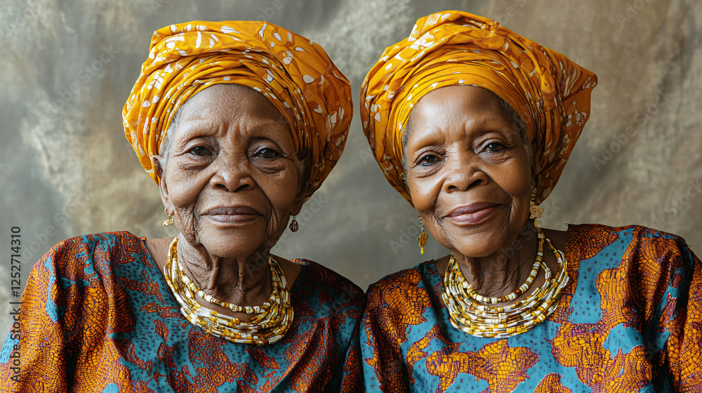 Fototapeta premium Nigerian elderly twin women traditional agbada gele cultural attire regal intricate embroidery rich heritage portrait unity African beauty pride travel folk family bond duo love exotic noble fabric