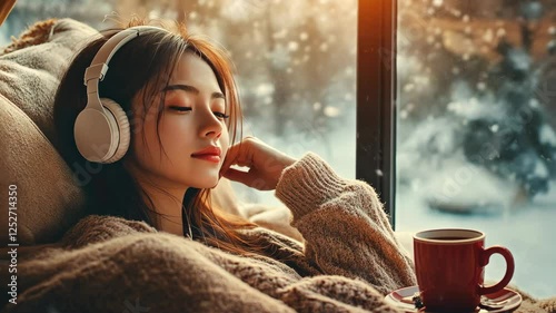 A beautiful Asian woman wearing headphones, lying on the sofa at home with a cup of coffee and listening to music, surrounded by warm light. 