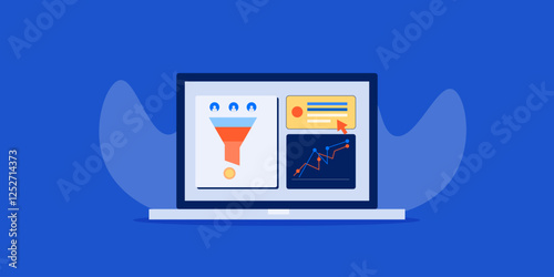 Advertising funnel showing multiple stages of customer conversion with analytics report on sales software dashboard, e-business concept.