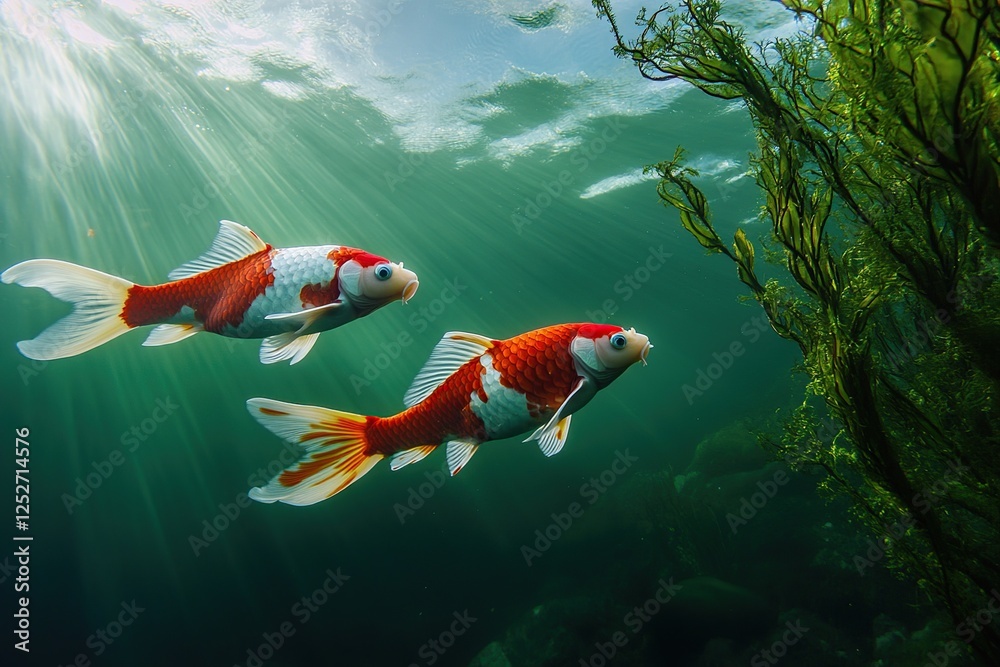 Obraz premium Koi Fish Gracefully Swim Underwater, Sunlight Dapples Aquatic Plants, Serene Beauty in Nature's Realm
