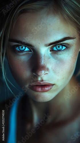 Portrait of a young woman with striking blue eyes and natural makeup in a dar...