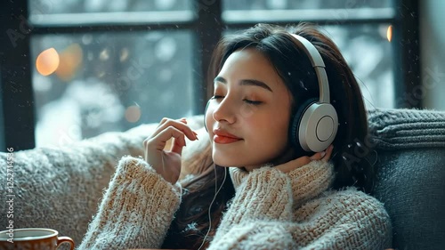 A beautiful Asian woman wearing headphones, lying on the sofa at home with a cup of coffee and listening to music, surrounded by warm light. 